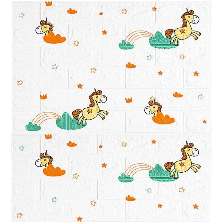 10 darab 3D tapétapanel készlet, Vivimall, 70 x 77 cm, 3 mm vastag, polietilén, tégla mintázat, unikornis motívum, 5,3 nm...