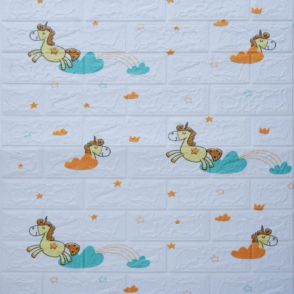 10 darab 3D tapétapanel készlet, Vivimall, 70 x 77 cm, 3 mm vastag, polietilén, tégla mintázat, unikornis motívum, 5,3 nm...
