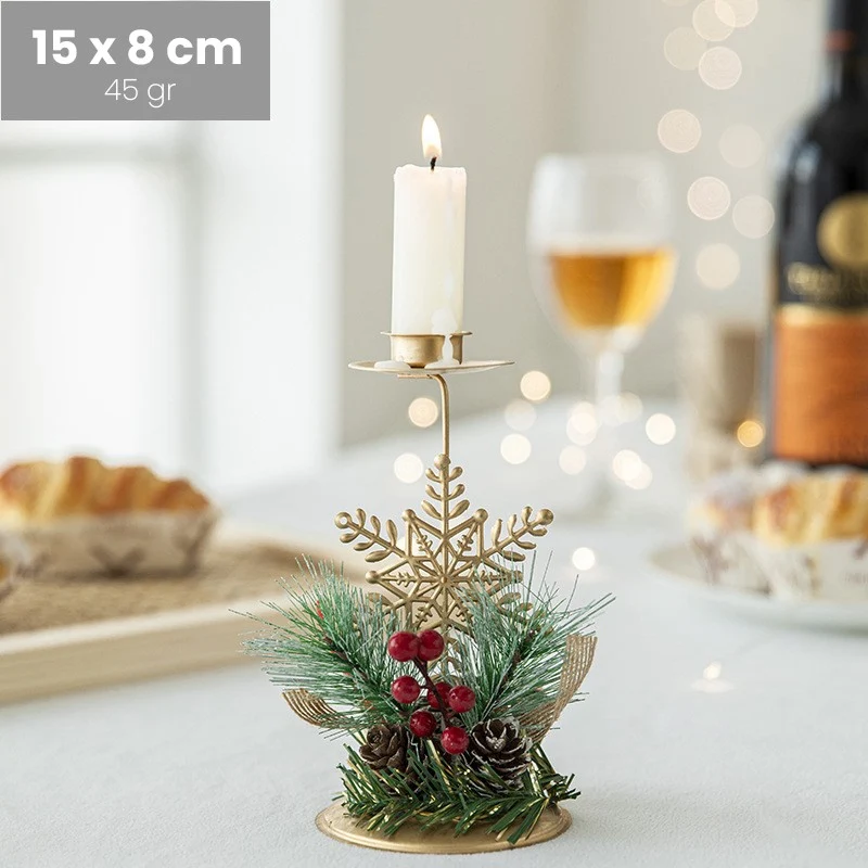 Dekoratív gyertyatartó, Vivimall, arany színű hópelyhes és fenyőágas díszítéssel, fémből, asztalra, gyertya nélkül, 15 x 8...