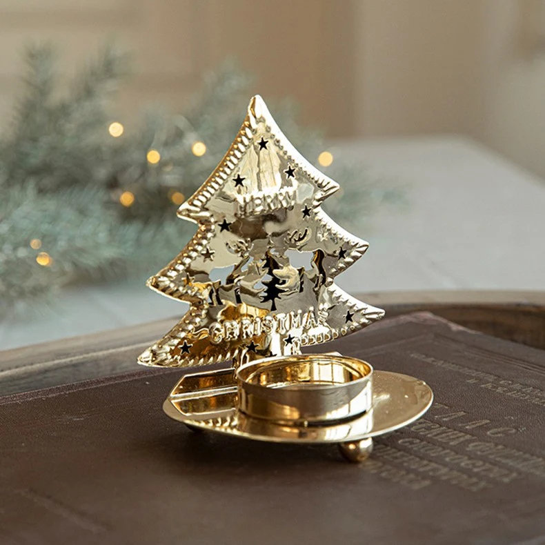 Díszítő Gyertyatartó Karácsonyra, Vivimall, Arany Színű Fenyőfa Minta Art Fémből, Asztalra Akasztás Nélkül, 10.5 x 9 x 7.5...