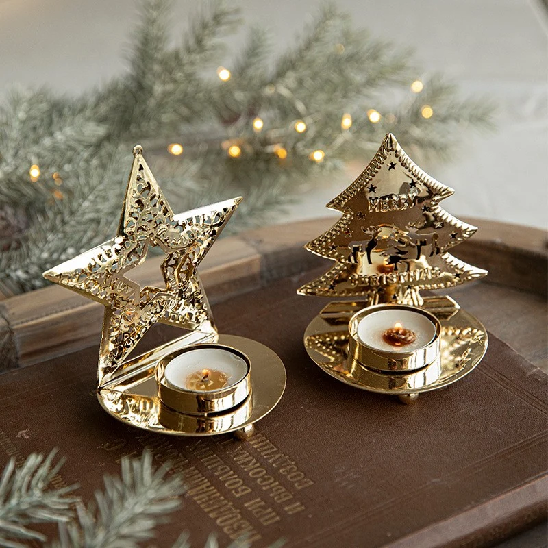 Díszítő Gyertyatartó Karácsonyra, Vivimall, Arany Színű Fenyőfa Minta Art Fémből, Asztalra Akasztás Nélkül, 10.5 x 9 x 7.5...