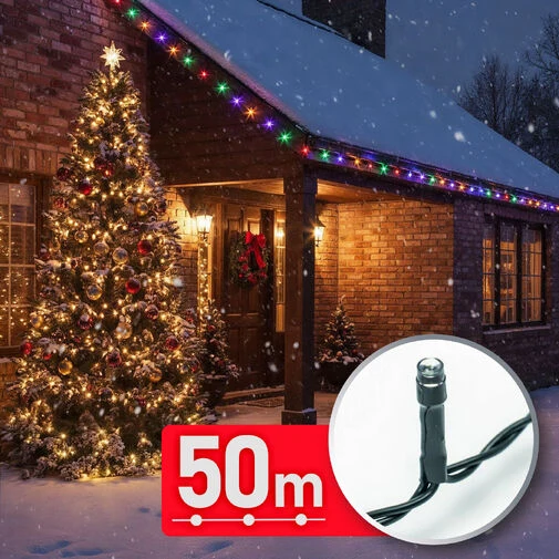 Fényfüzér - 50 m - színes - 1000 LED - 220-240V - 9W - zöld kábel, IP44
