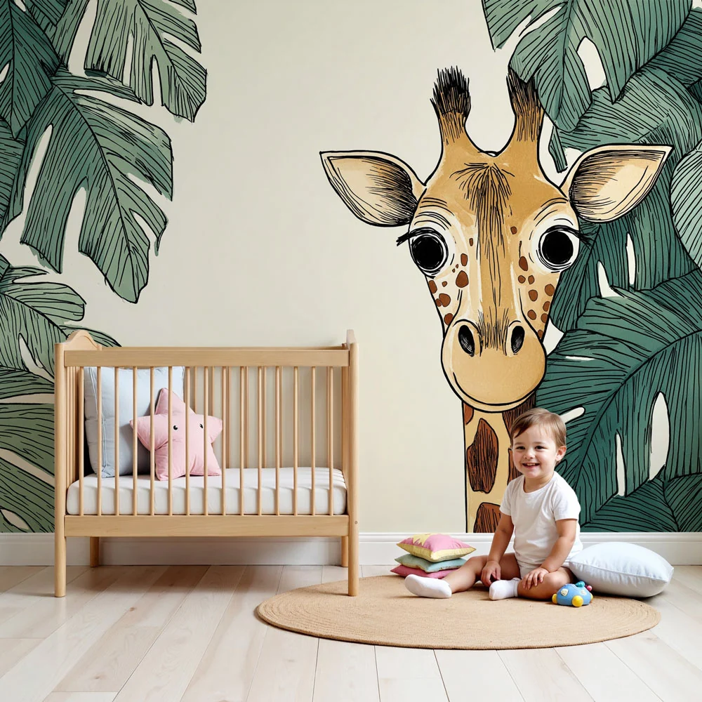 Giraffes kíváncsi dzsungel szívében gyermekszoba tapéta