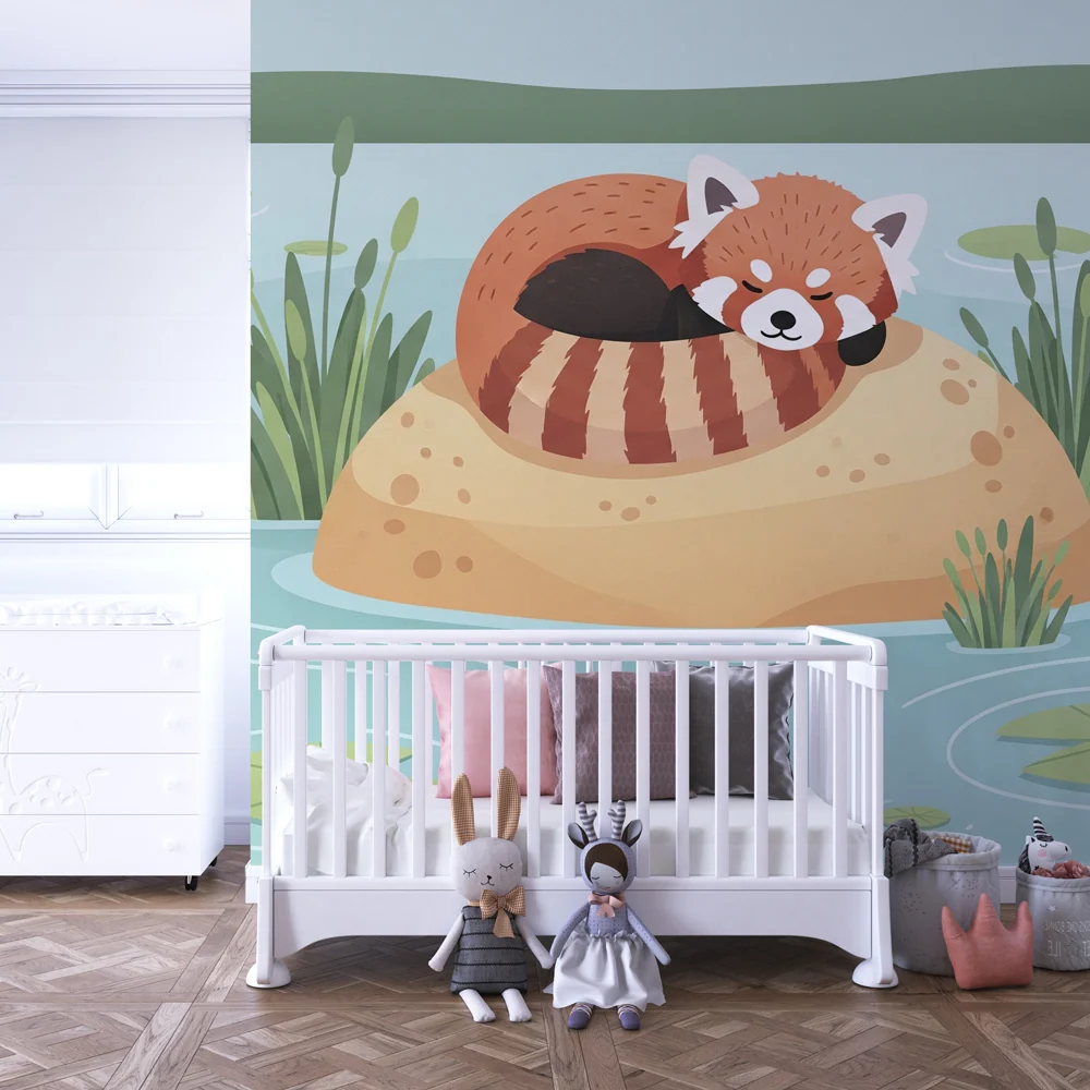 Gyerek szoba tapéta | Nyugodt vörös panda egy kőn