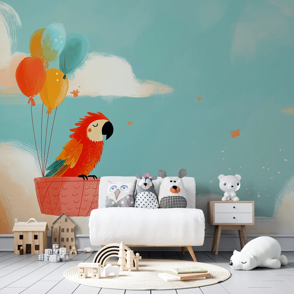 Gyerek szoba tapéta | Papagáj felhők között léggömbökkel