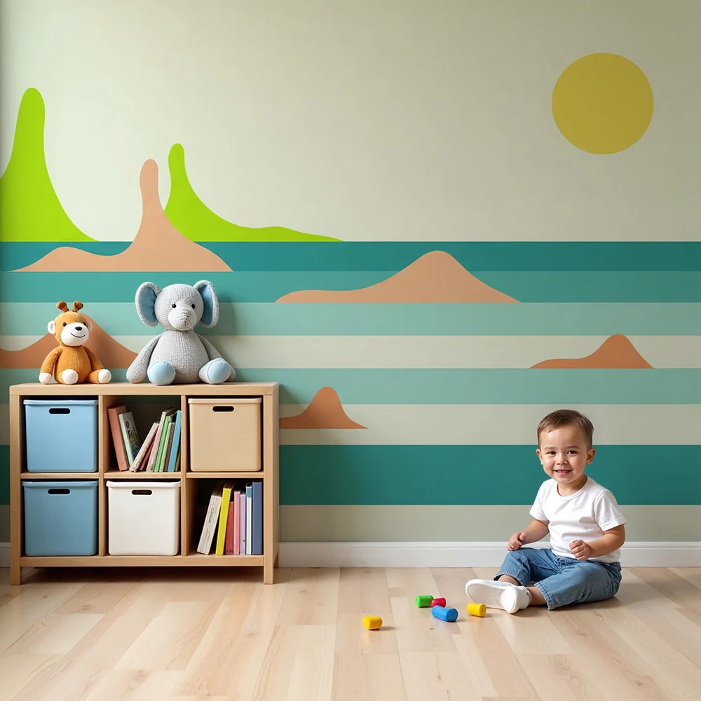 Gyerekek számára készült tapéta | Színes dombok és ragyogó nap absztrakt tájképével