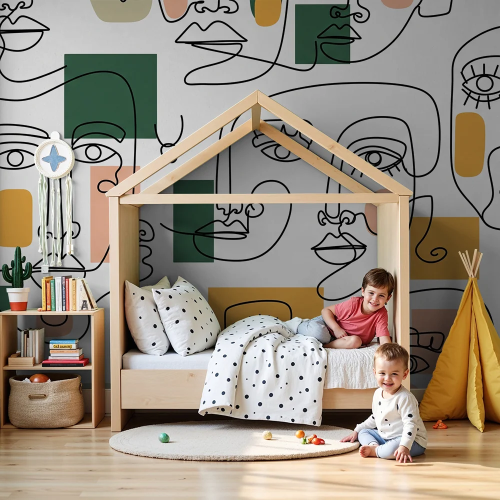 Gyerekek szobájának tapétája | Absztrakt arcok és színes geometrikus formák