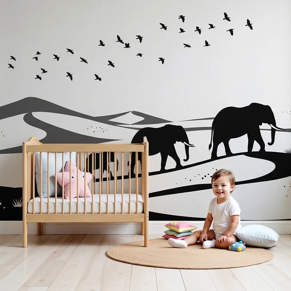 Gyerekek szobájának tapétája | Elegáns elefántok sétálnak egy minimalista tájban