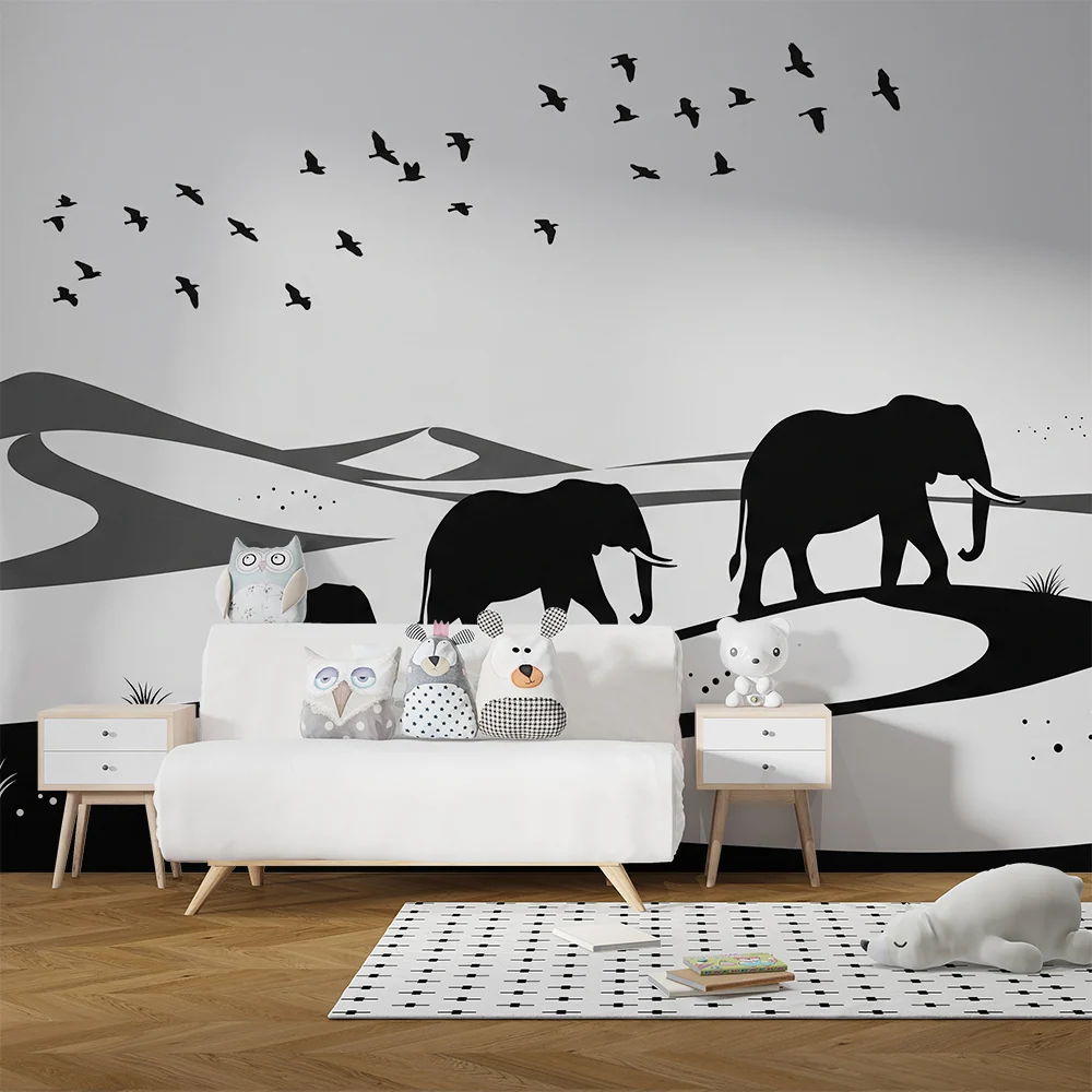 Gyerekek szobájának tapétája | Elegáns elefántok sétálnak egy minimalista tájban
