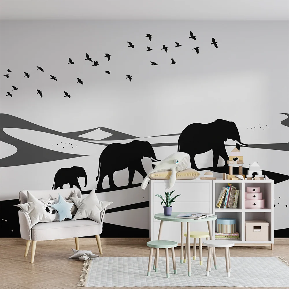Gyerekek szobájának tapétája | Elegáns elefántok sétálnak egy minimalista tájban