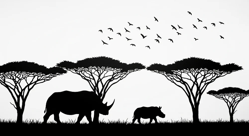 Gyerekek szobájának tapétája | Fekete-fehér orrszarvú- és afrikai fa-sziluettek