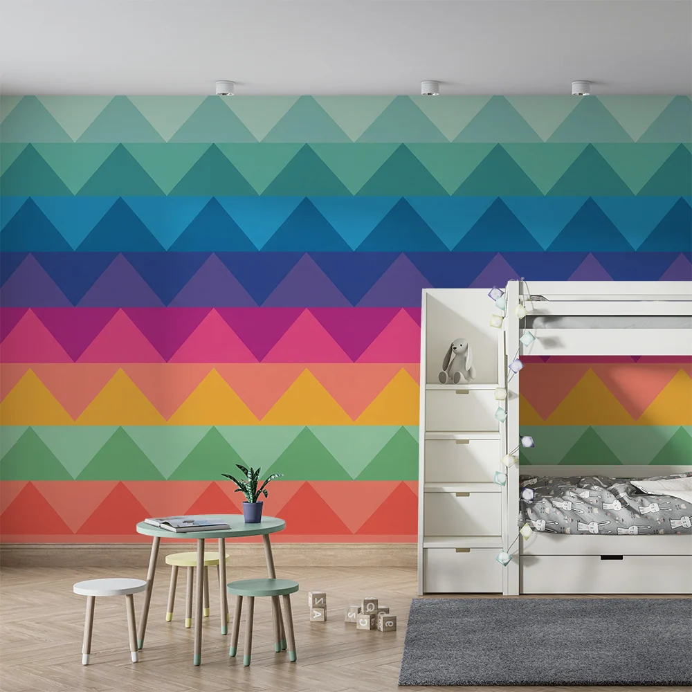 Gyerekek szobájának tapétája | Geometrikus háromszögminták szivárvány színekben