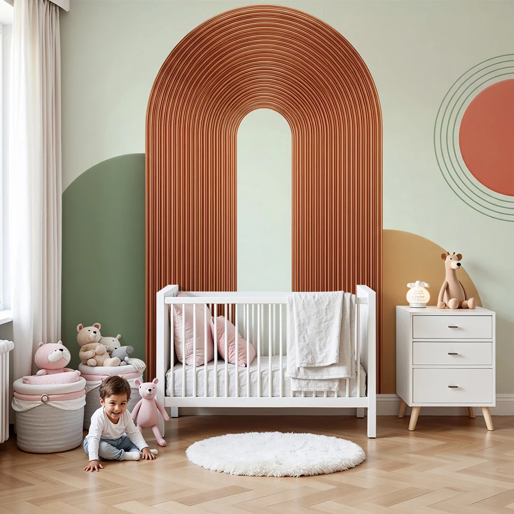 Gyerekek szobájának tapétája | Modern geometrikus formák lágy színekben