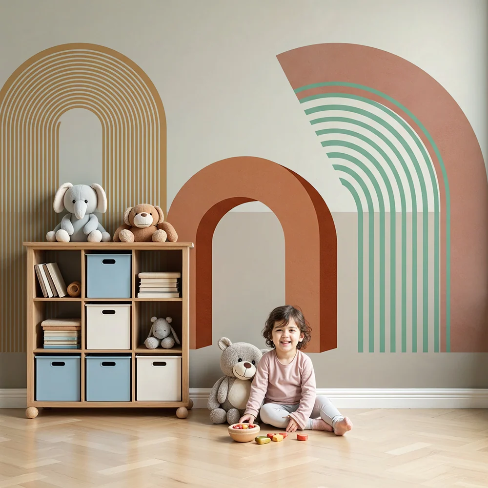 Gyerekek szobájának tapétája | Modern szivárványívek és geometrikus formák