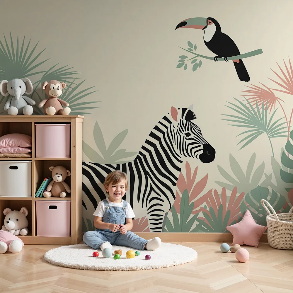 Gyerekek szobájának tapétája | Zebra és tukán színes dzsungelben