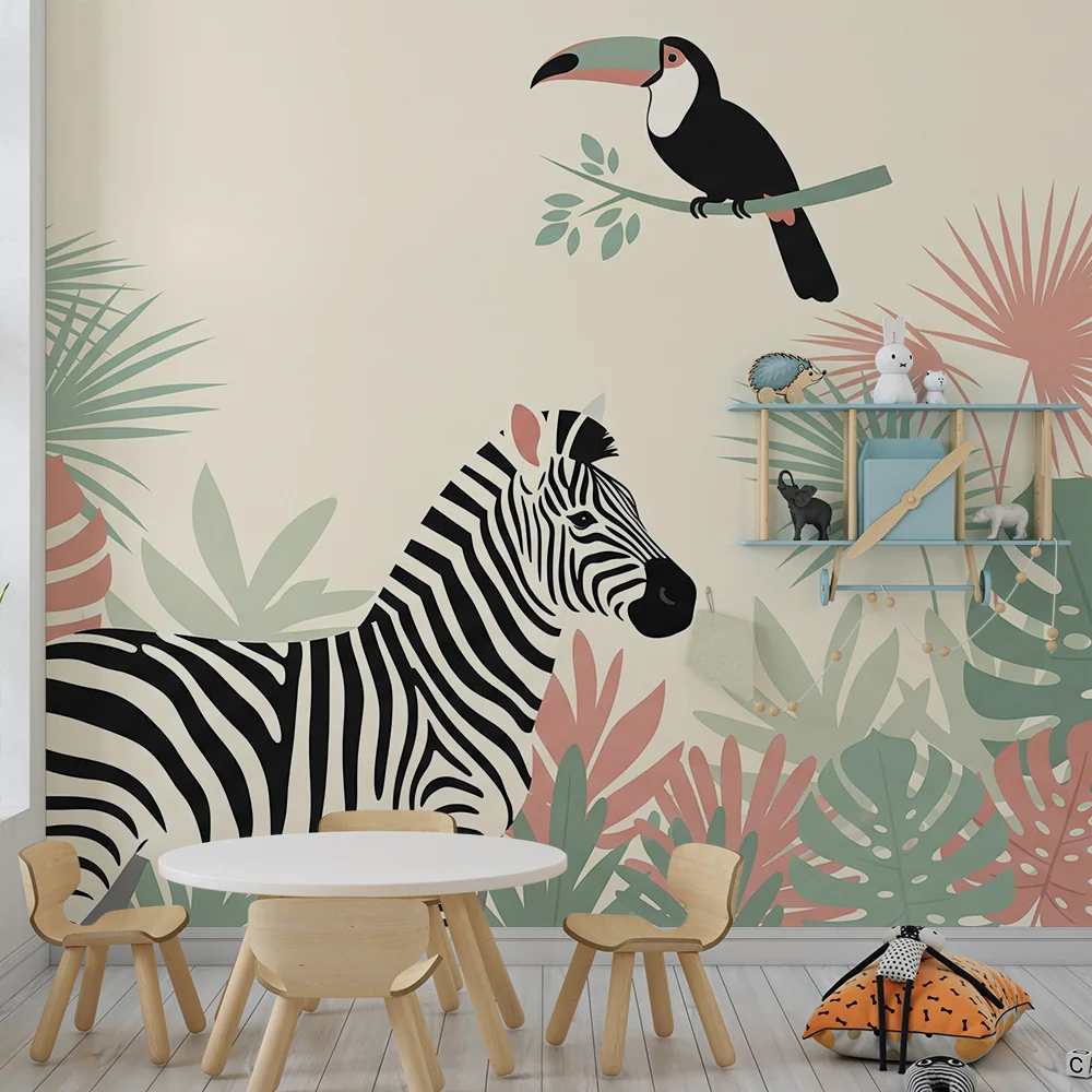 Gyerekek szobájának tapétája | Zebra és tukán színes dzsungelben