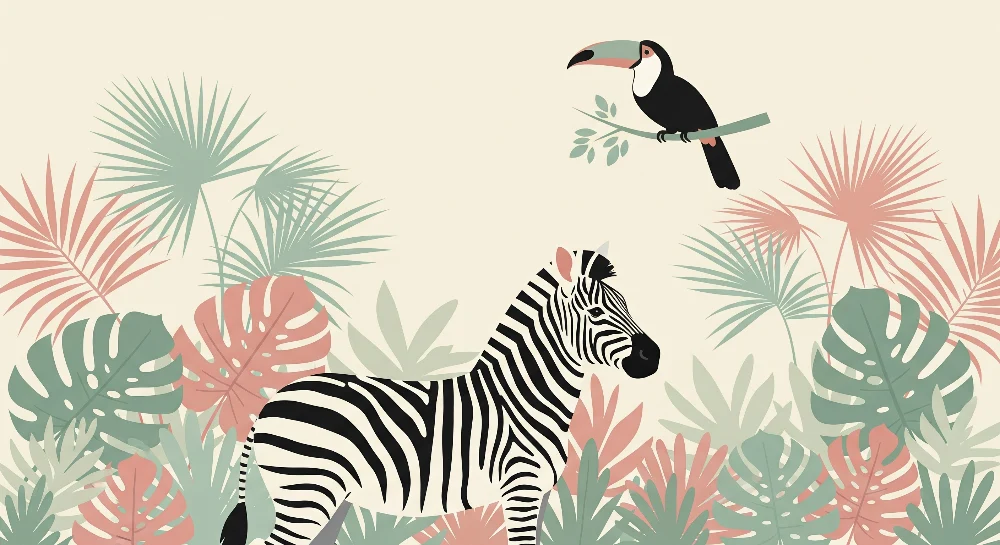 Gyerekek szobájának tapétája | Zebra és tukán színes dzsungelben