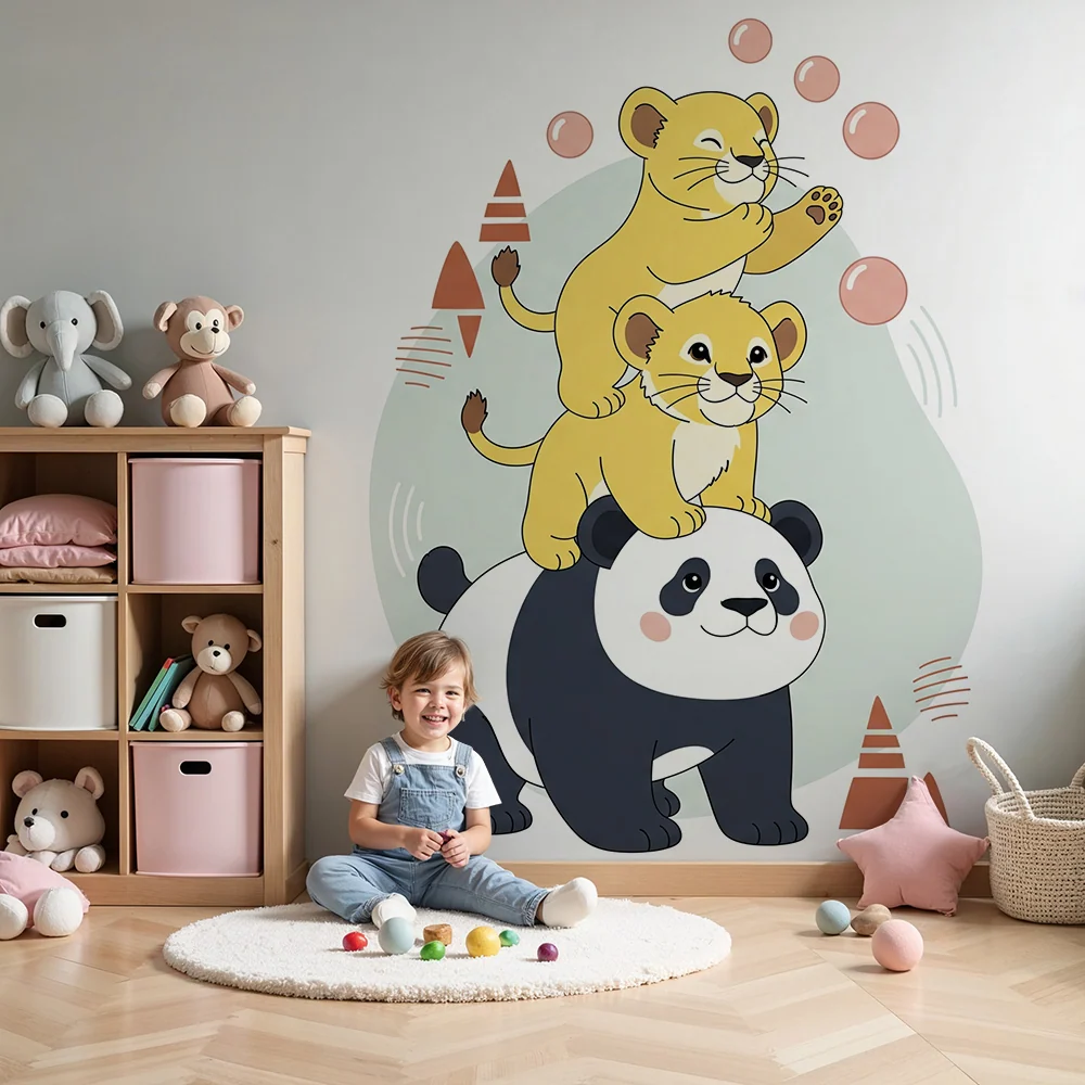 Gyerekszoba tapéta | Aranyos állatok egyensúlyban pandával és oroszlánkölykökkel