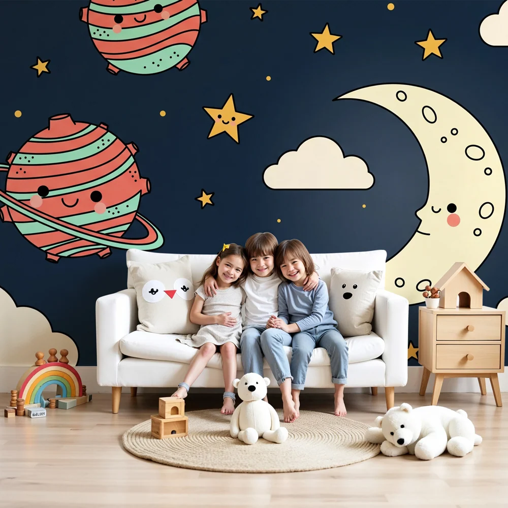 Gyerekszoba tapéta | Boldog bolygók és csillagos ég