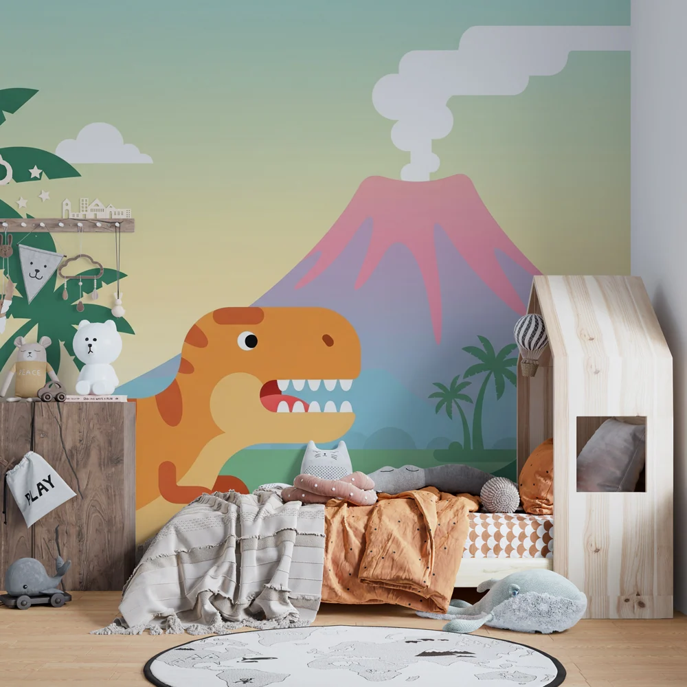 Gyerekszoba tapéta | Dinoszaurusz és vulkán naplementekor