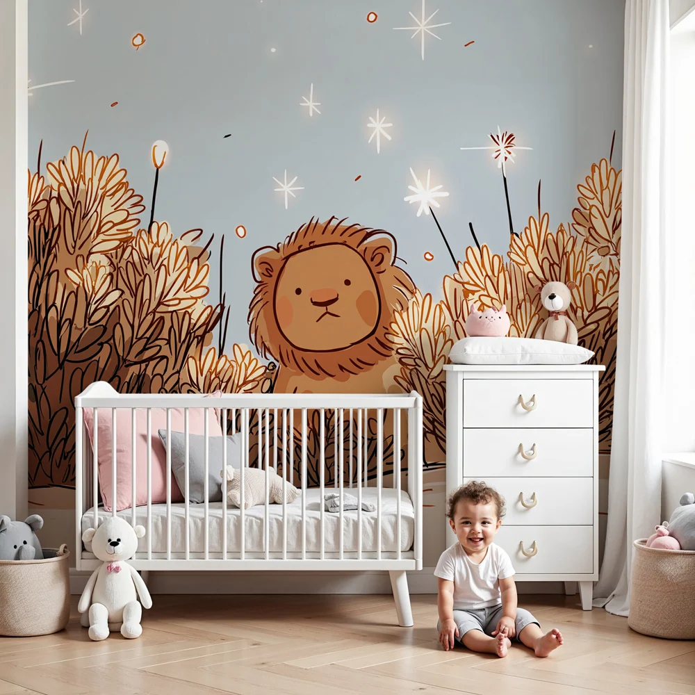 Gyerekszoba tapéta | Kis oroszlán természetben