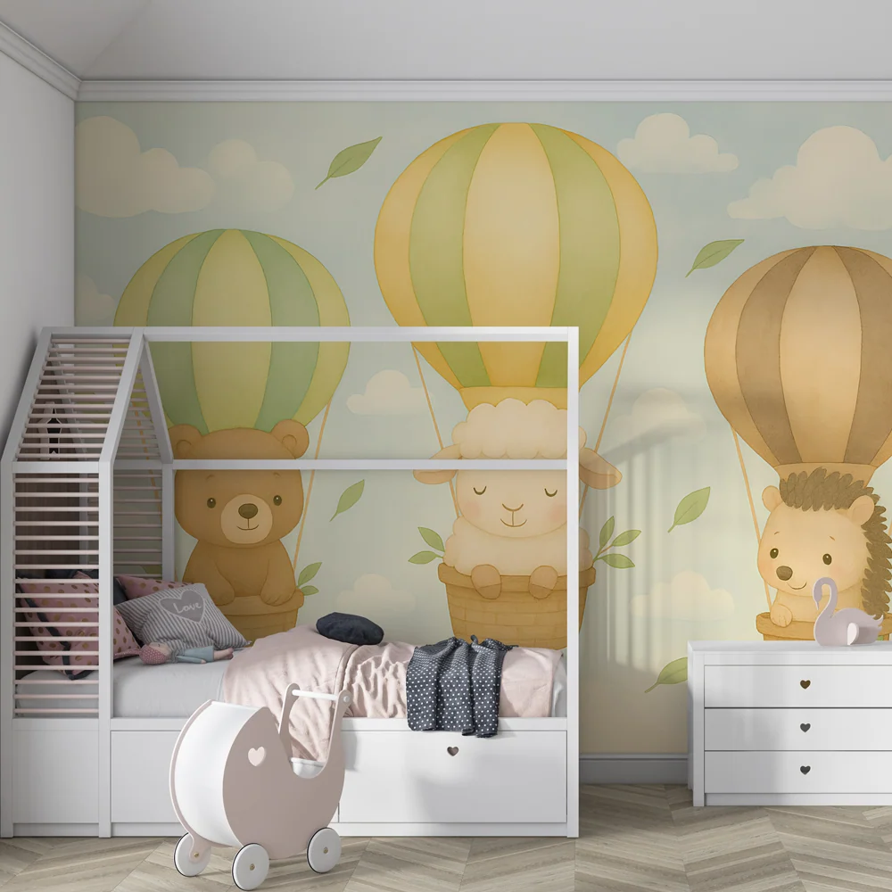 Gyerekszoba tapéta | Állatok hőlégballonban puha égen