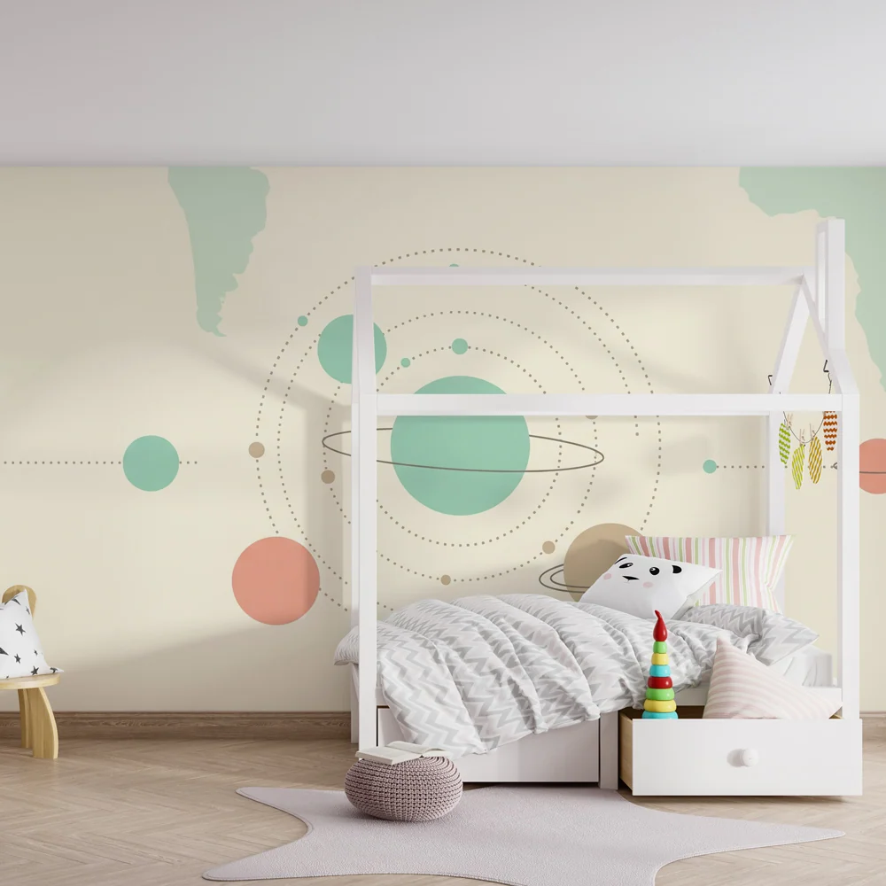 Gyerekszoba tapéta | Minimalista univerzum és színes bolygók