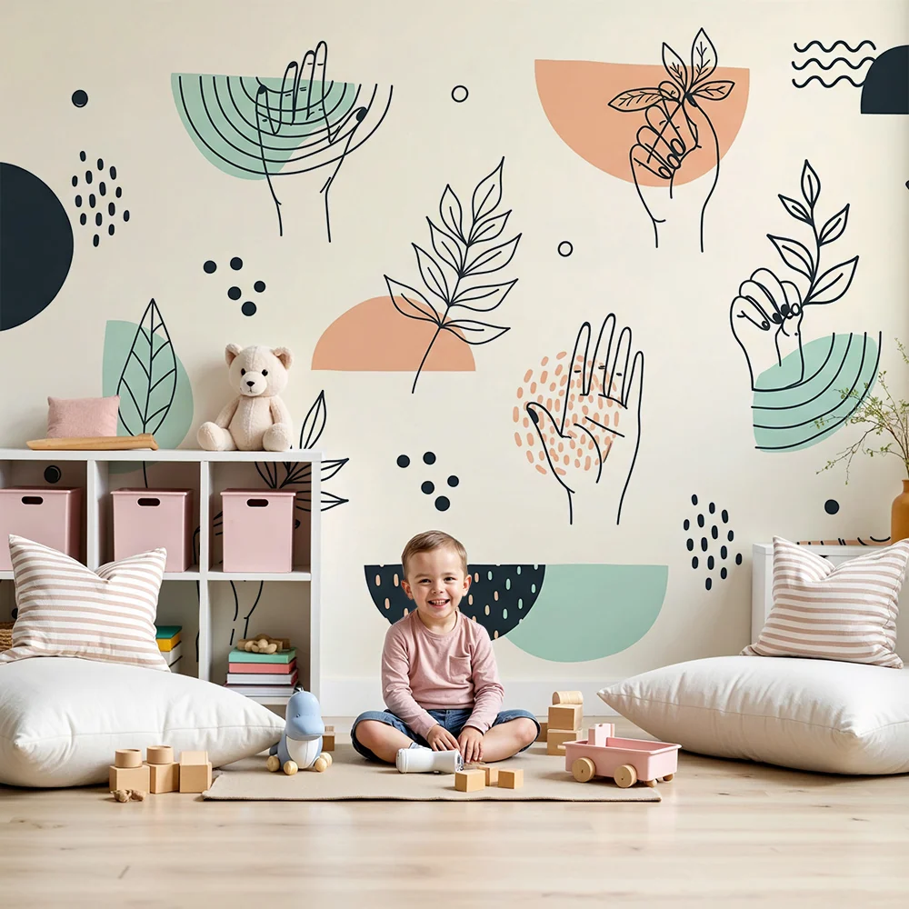 Gyerekszoba tapéta | Modern és színes designban kéz és levelek