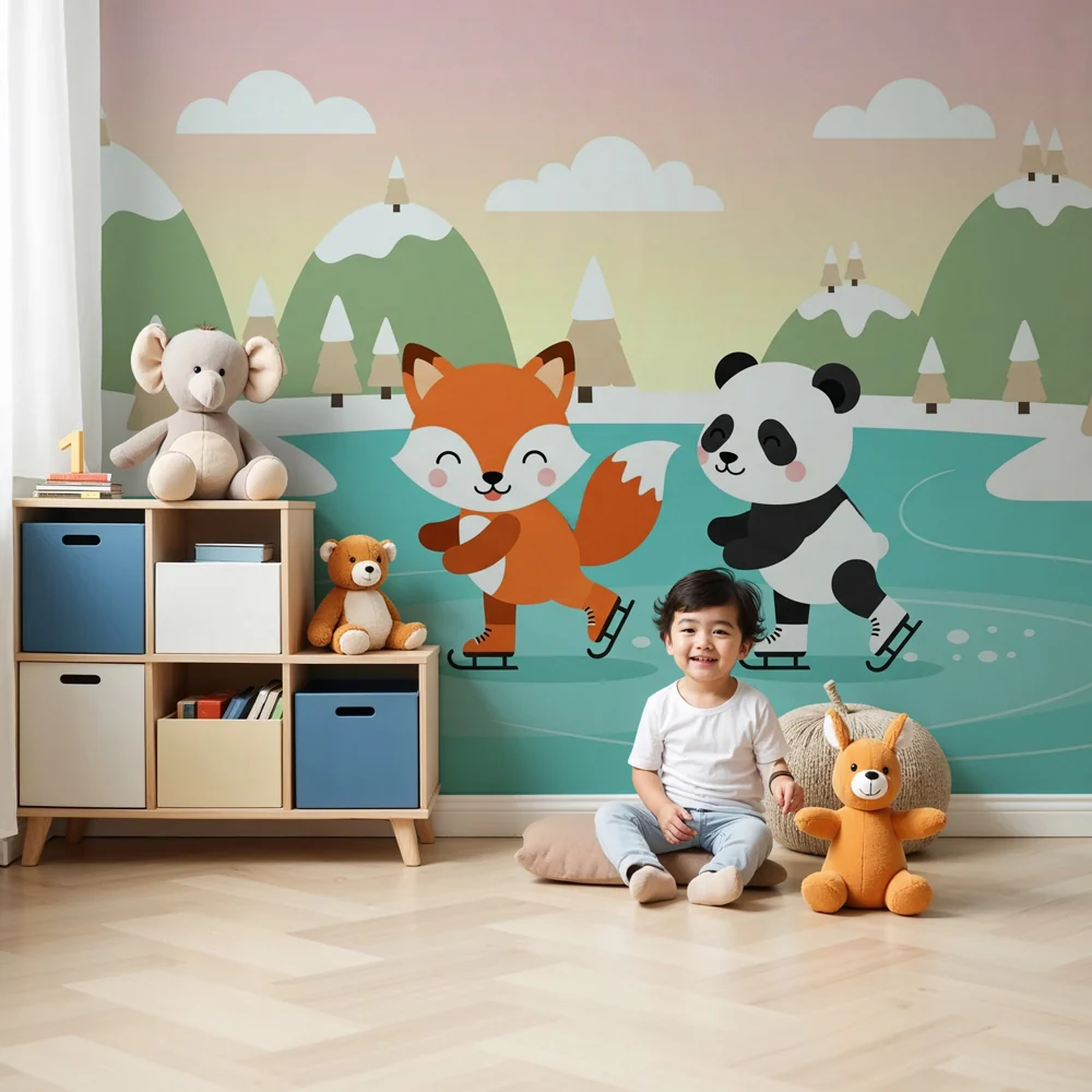 Gyerekszoba tapéta | Róka és panda korcsolyázik jégen