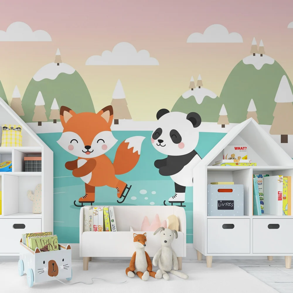 Gyerekszoba tapéta | Róka és panda korcsolyázik jégen