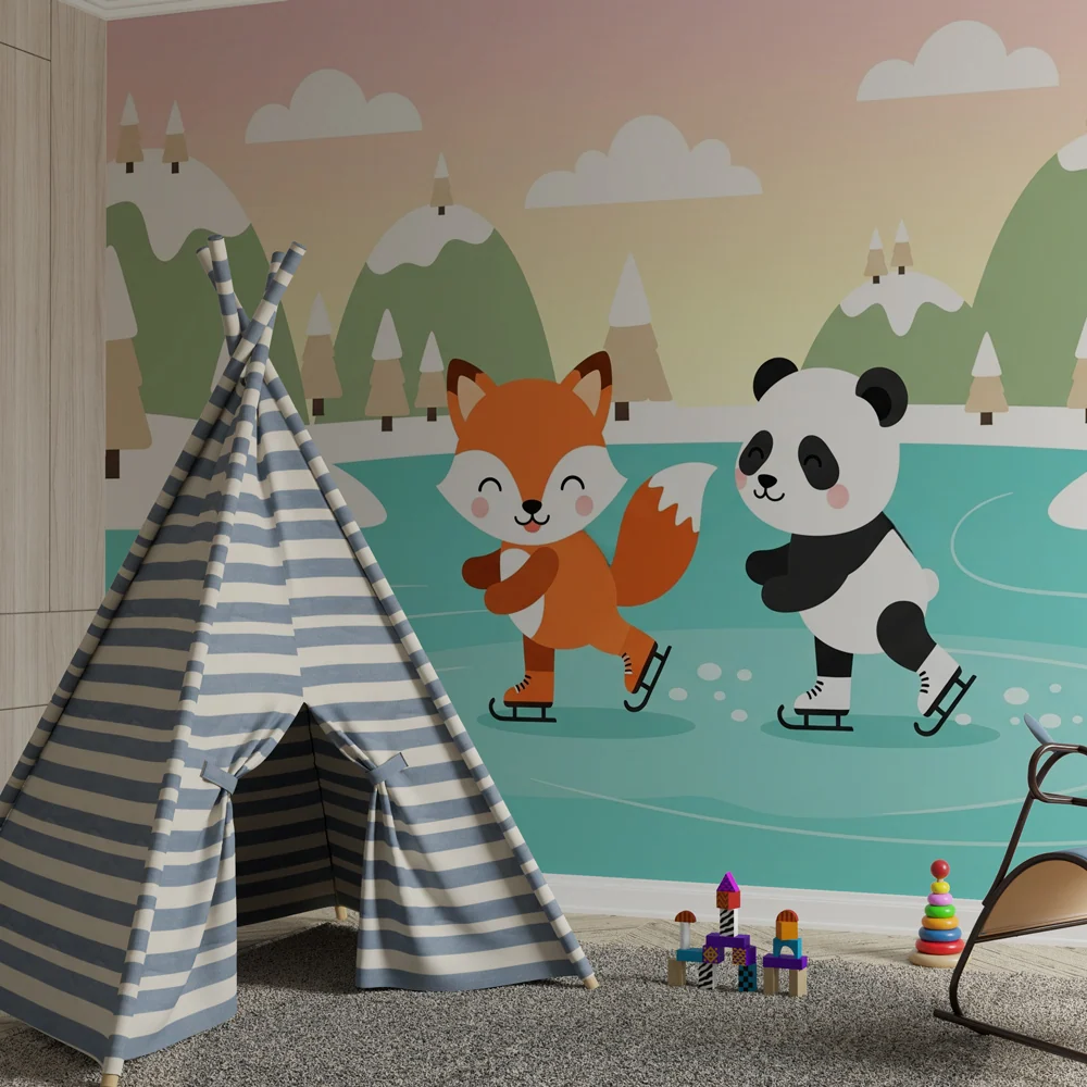 Gyerekszoba tapéta | Róka és panda korcsolyázik jégen