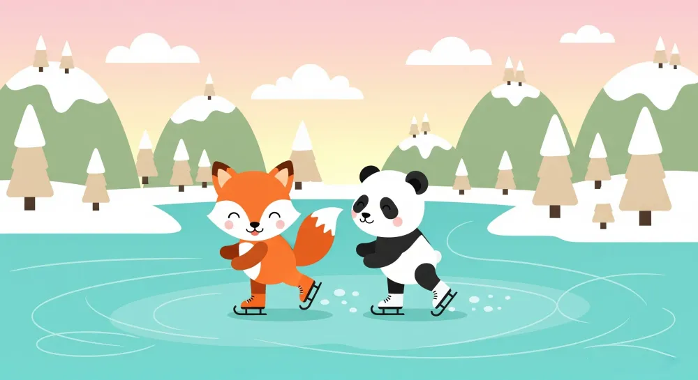 Gyerekszoba tapéta | Róka és panda korcsolyázik jégen