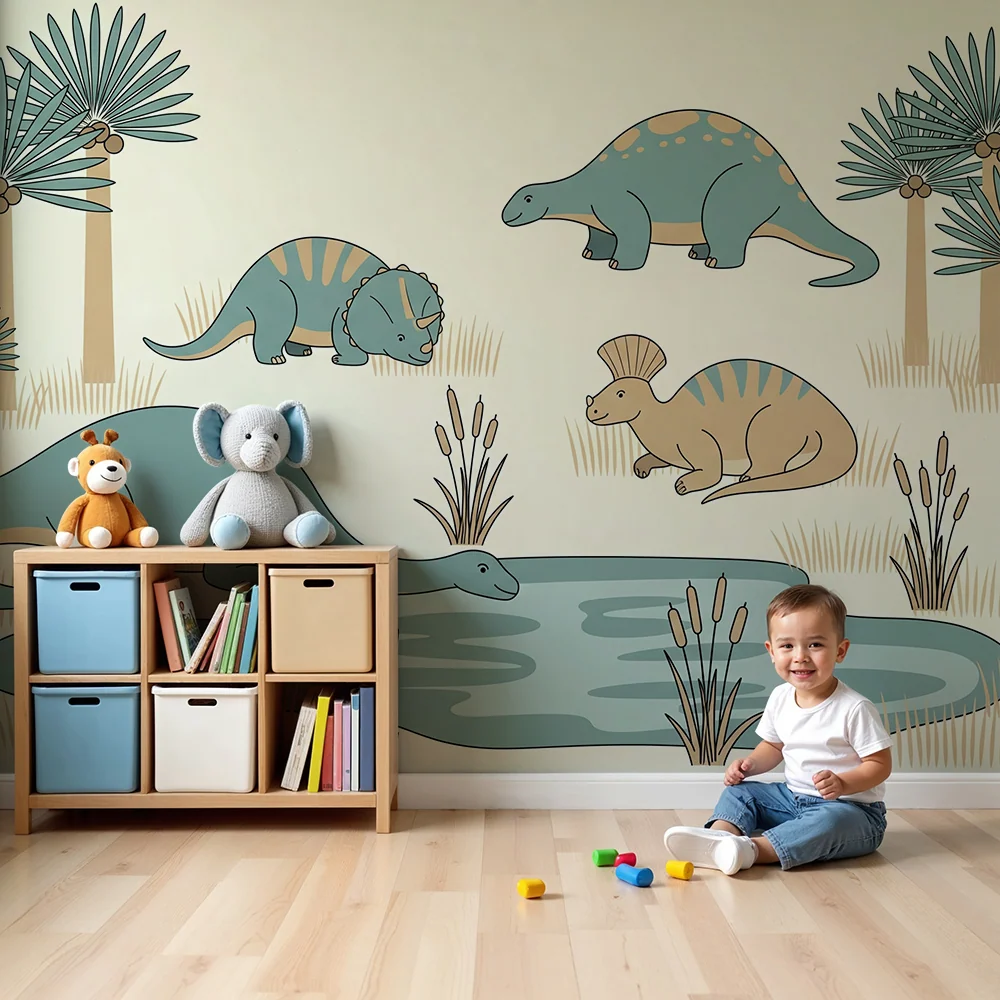 Gyerekszoba tapéta | Vicces dinoszauruszok egy tó partján