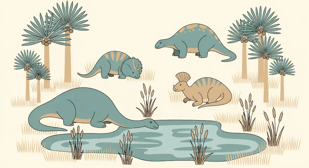 Gyerekszoba tapéta | Vicces dinoszauruszok egy tó partján