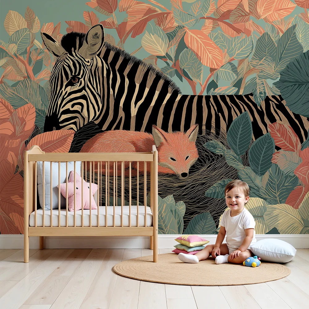 Gyerekszoba tapéta | Zebra és róka egy színes dzsungel közepén