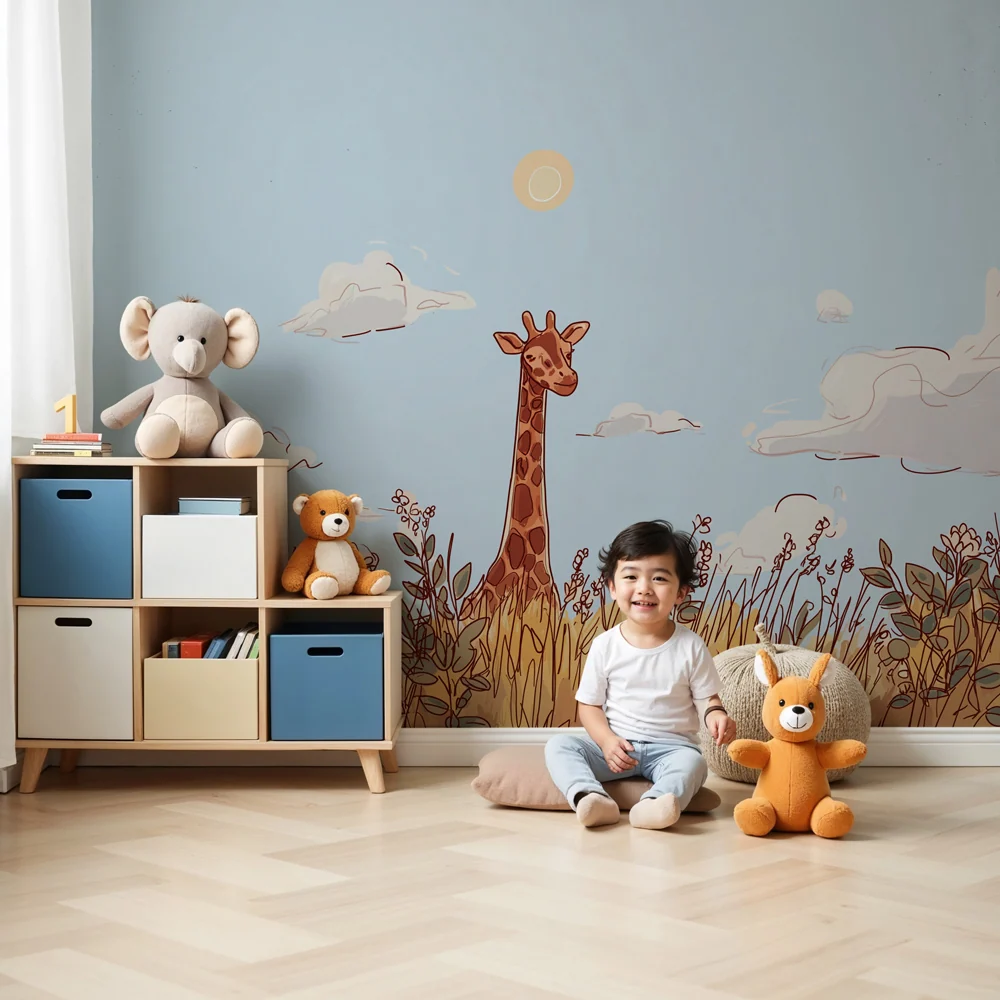 Gyerekszoba tapéta | Zsiráf arany mezők között
