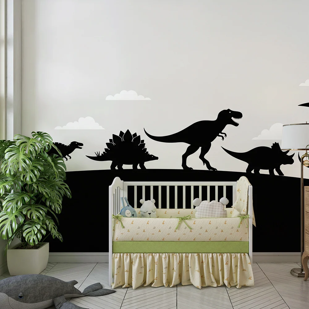 Gyerekszobai tapéta | Dinoszaurusz-sziluettek felhős háttérrel
