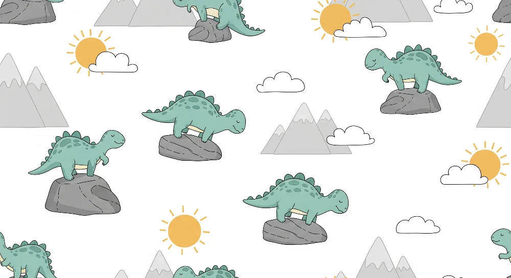 Gyermekszoba tapéta | Aranyos dinoszaurusz hegyek és nap háttérrel