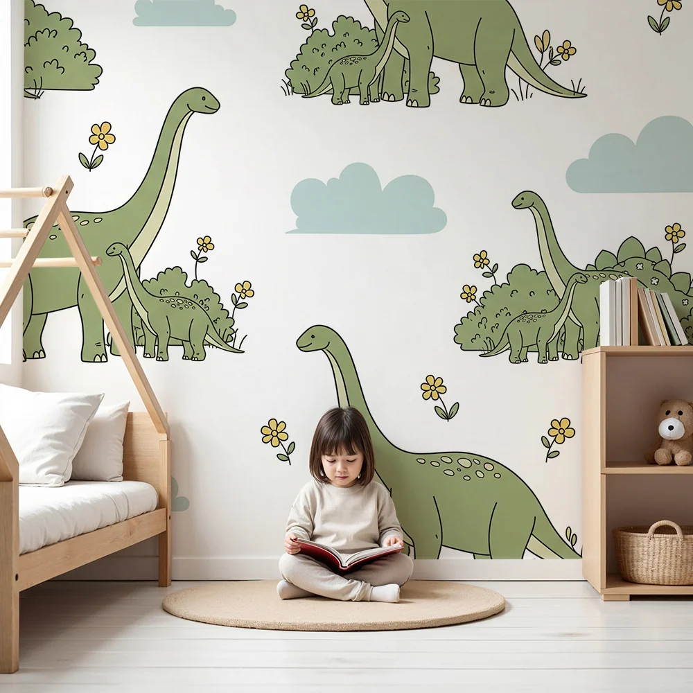 Gyermekszoba tapéta | Aranyos dinoszauruszok zöld tájban