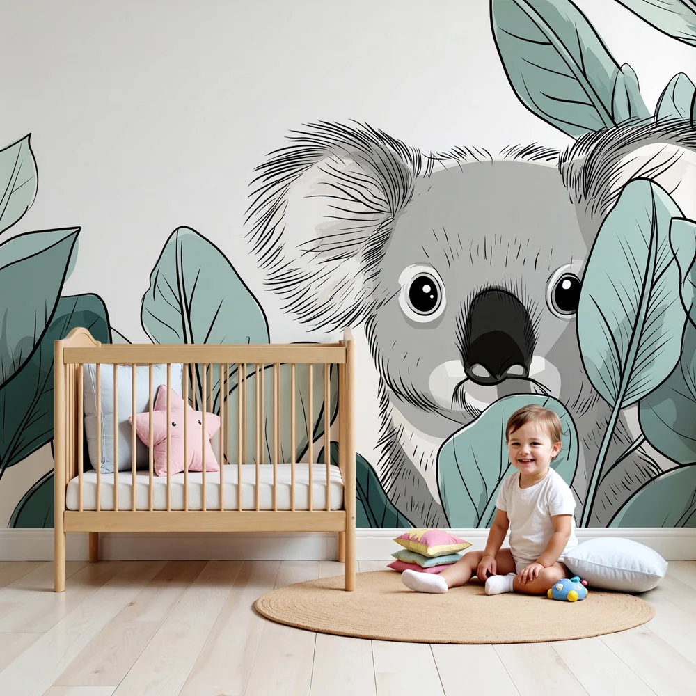Gyermekszoba tapéta | Aranyos koala levelek között