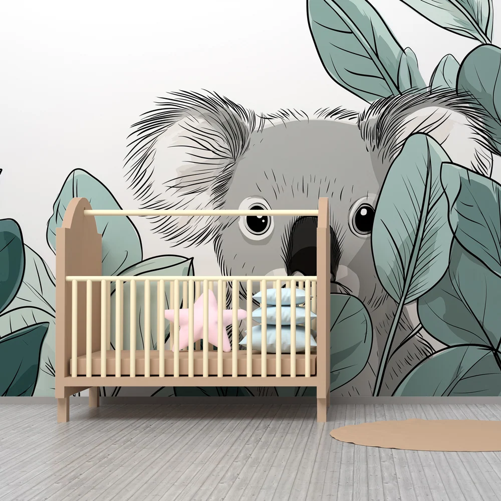 Gyermekszoba tapéta | Aranyos koala levelek között