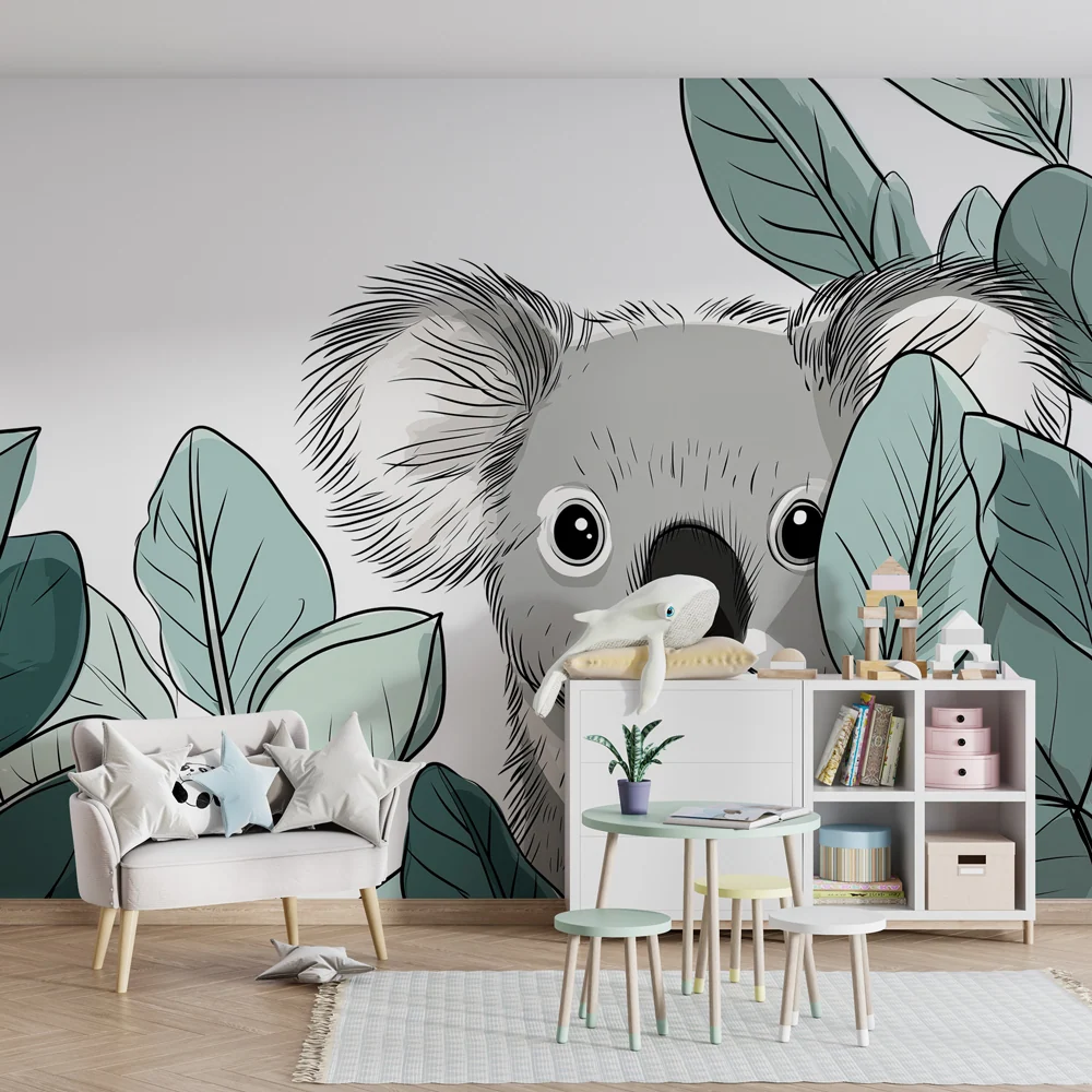Gyermekszoba tapéta | Aranyos koala levelek között