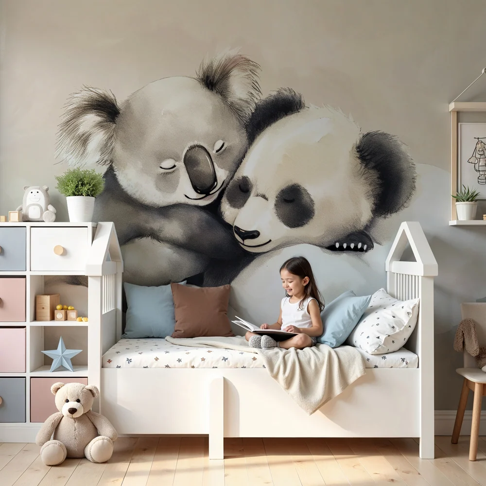 Gyermekszoba tapéta | Aranyos koala és panda felhőkben