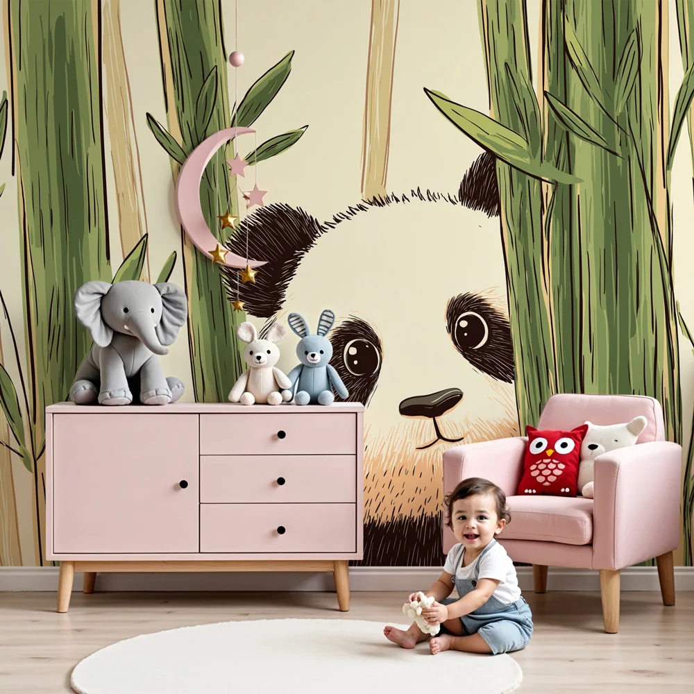 Gyermekszoba tapéta | Aranyos panda bambuszok között
