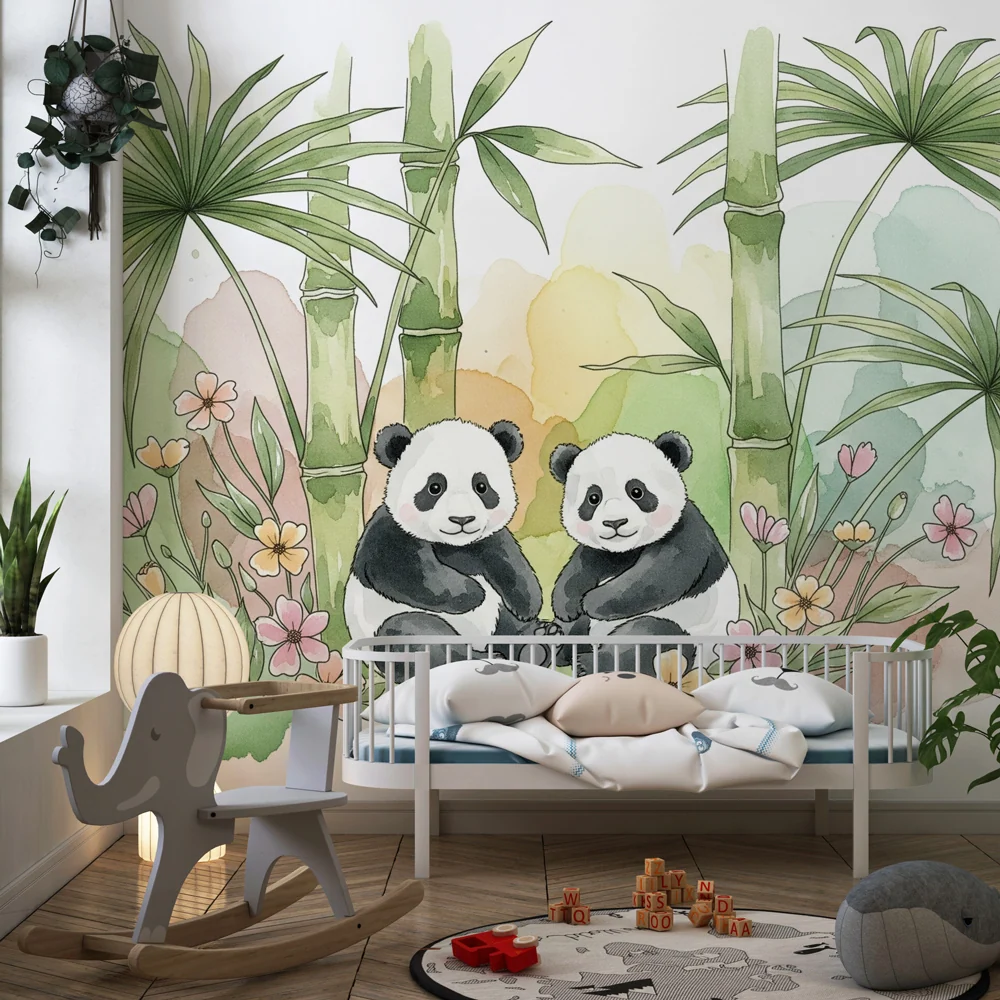 Gyermekszoba tapéta | Két aranyos panda az dzsungel közepén