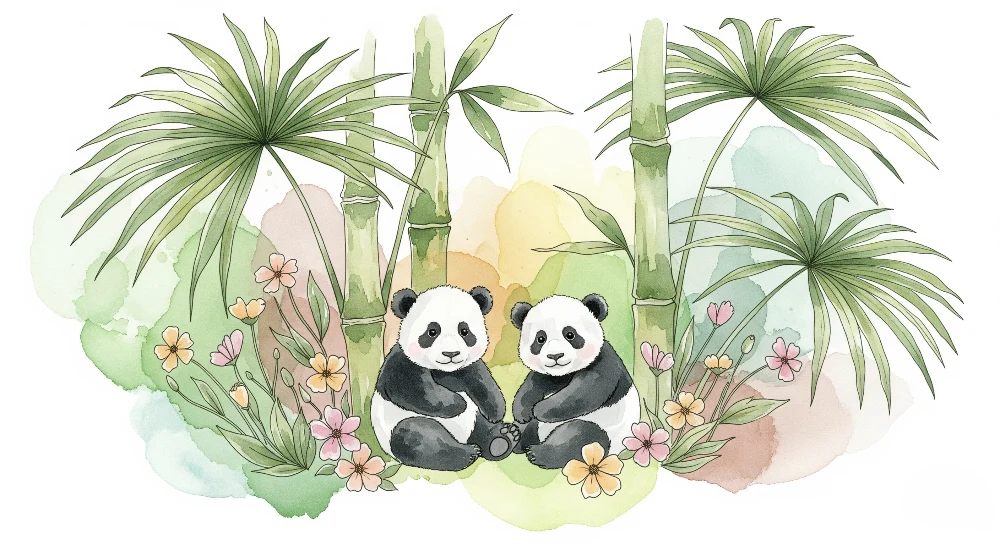 Gyermekszoba tapéta | Két aranyos panda az dzsungel közepén