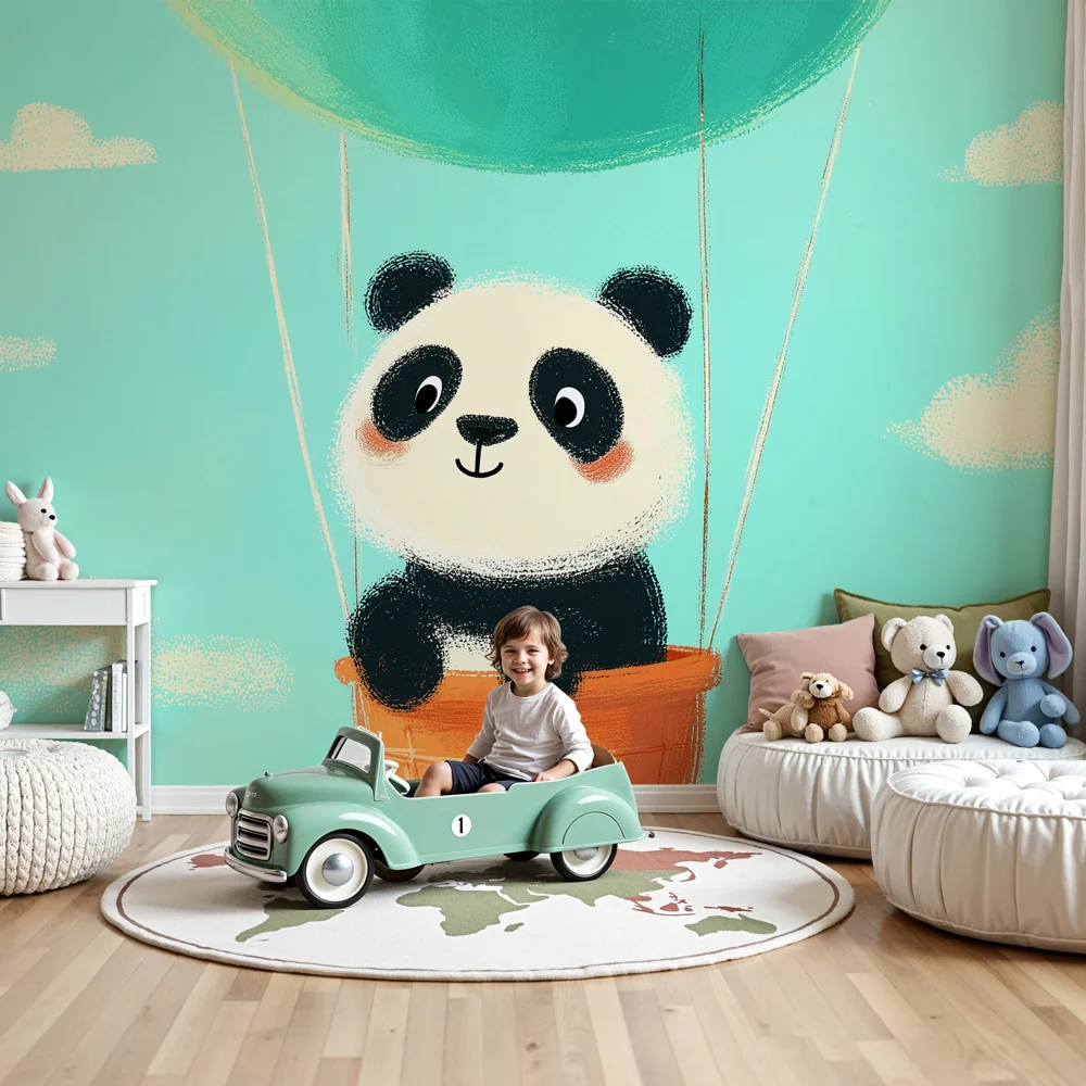 Gyermekszoba tapéta | Aranyos panda hőlégballonban