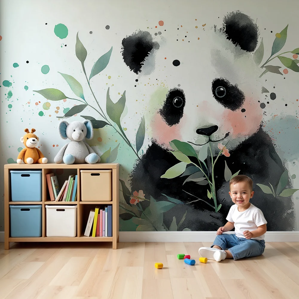 Gyermekszoba tapéta | Aranyos panda természet közepén