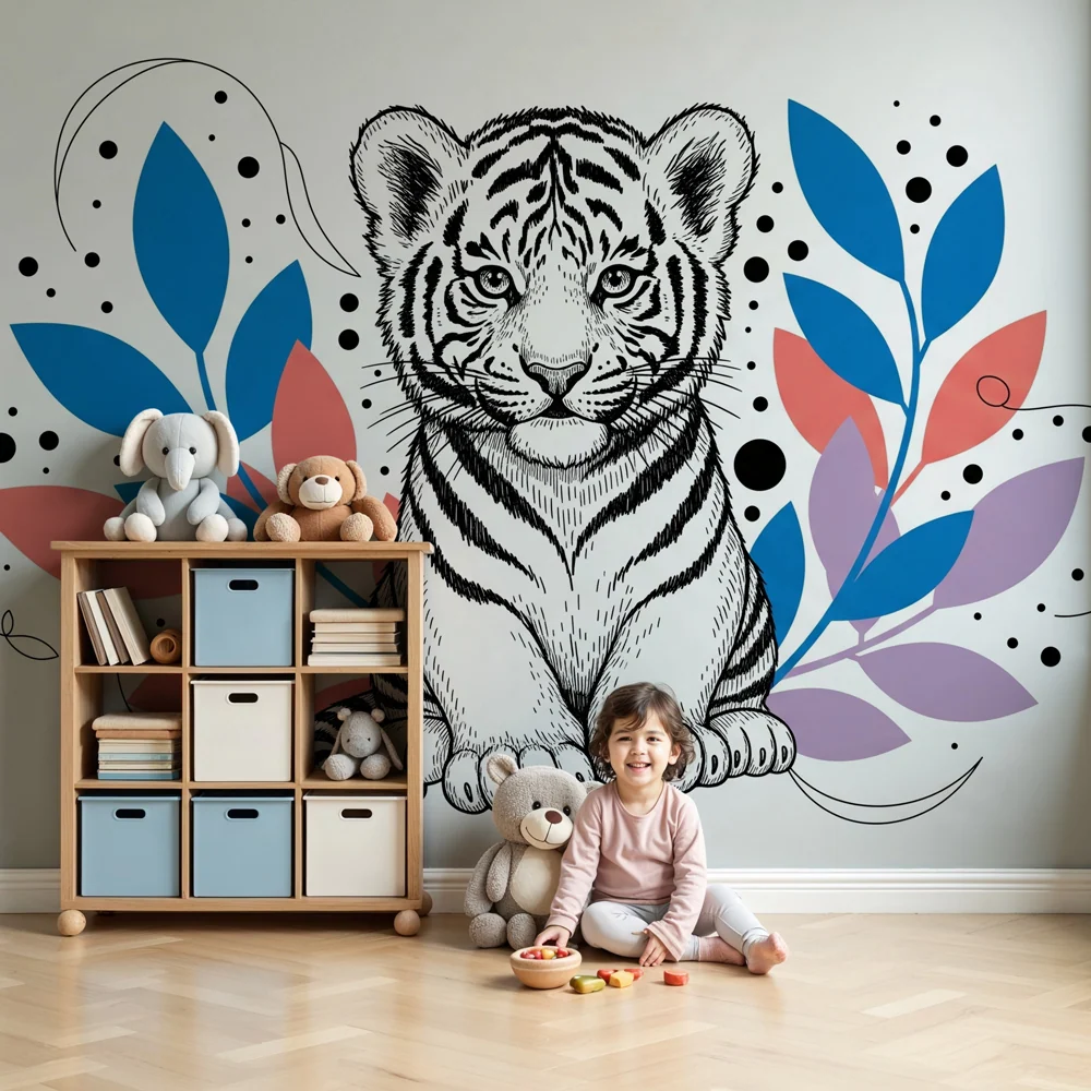 Gyermekszoba tapéta | Aranyos tigris színes lombkoronával