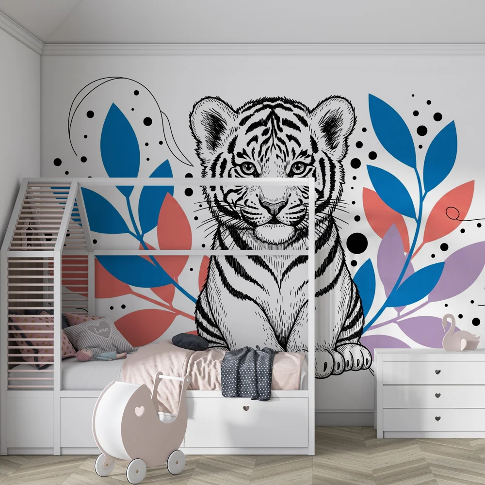 Gyermekszoba tapéta | Aranyos tigris színes lombkoronával